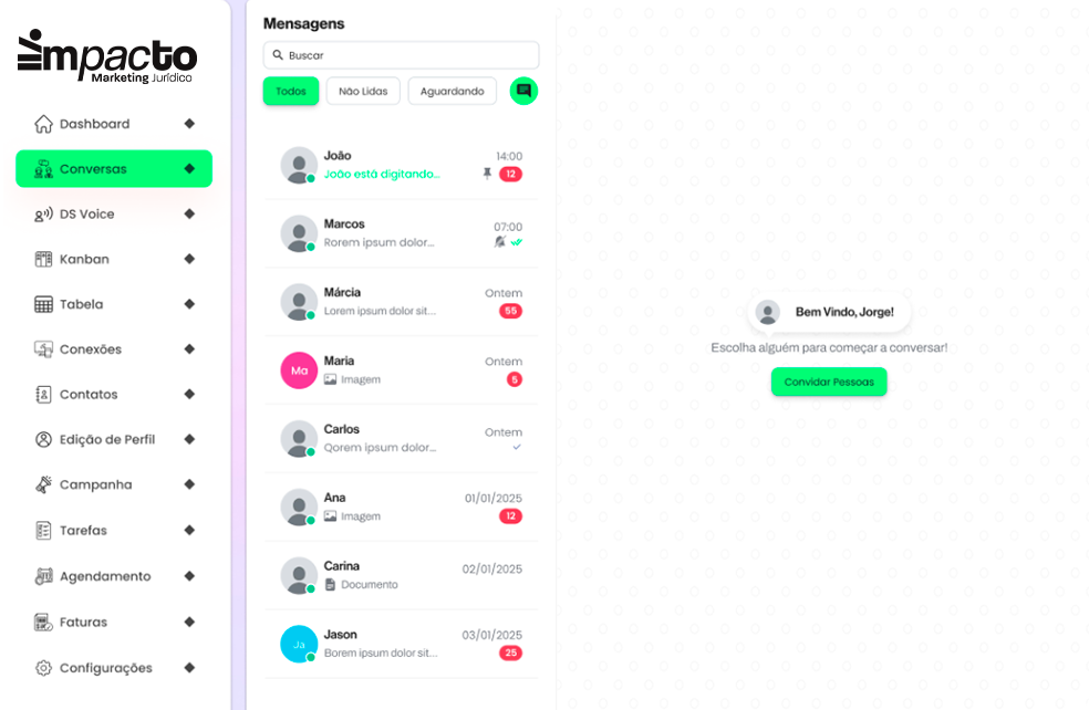 Tela do CRM Impacto mostrando a caixa de conversas com WhatsApp integrado